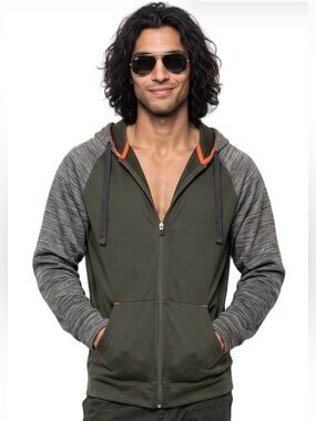 SPALDING Olive Green Gray Zip Up Hoodie Longsleeve Performance wear Orange trim
